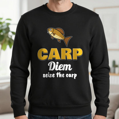 Carp Diem Funny Carp Fishing T-Shirt & Sweatshirt in Black (Sweatshirt), worn, our photo