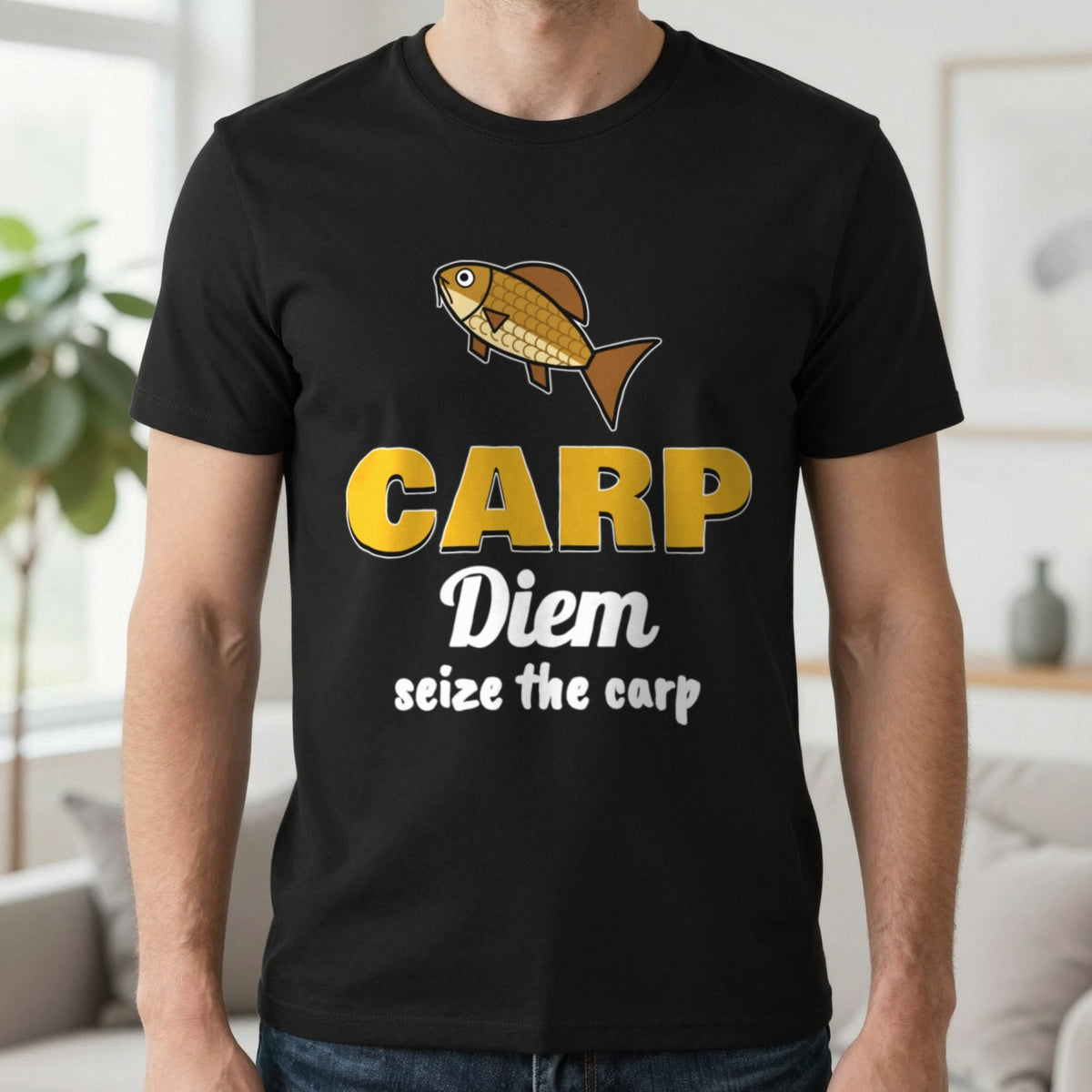 Carp Diem Funny Carp Fishing T-Shirt & Sweatshirt in Black (T-Shirt), worn, our photo