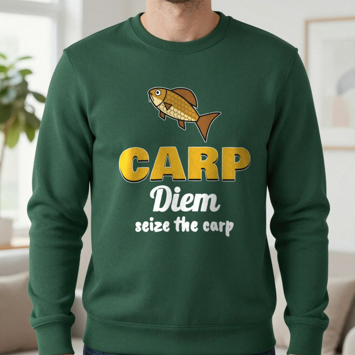 Carp Diem Funny Carp Fishing T-Shirt & Sweatshirt in Forest Green (Sweatshirt), worn, our photo