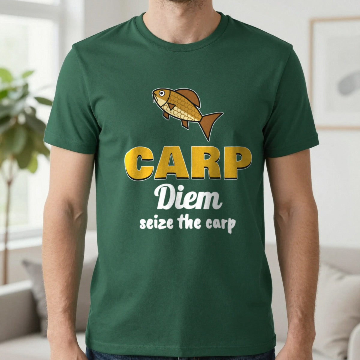 Carp Diem Funny Carp Fishing T-Shirt & Sweatshirt in Forest Green (T-Shirt), worn, our photo
