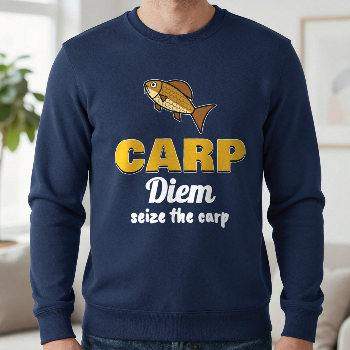 Carp Diem Funny Carp Fishing T-Shirt & Sweatshirt in Navy (Sweatshirt), worn, our photo