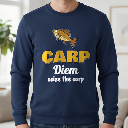 Carp Diem Funny Carp Fishing T-Shirt & Sweatshirt in Navy (Sweatshirt), worn, our photo