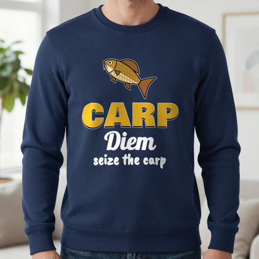 Carp Diem Funny Carp Fishing T-Shirt & Sweatshirt in Navy (Sweatshirt), worn, our photo
