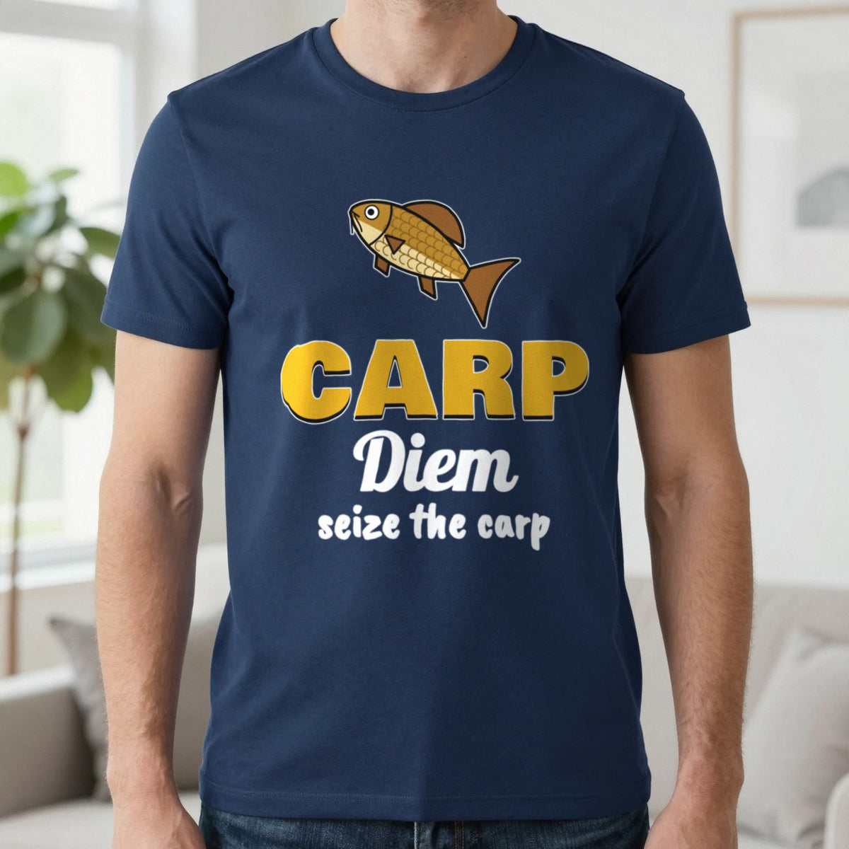 Carp Diem Funny Carp Fishing T-Shirt & Sweatshirt in Navy (T-Shirt), worn, our photo