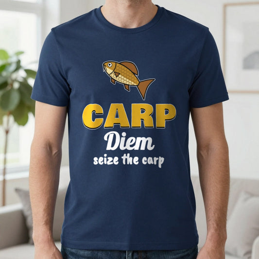 Carp Diem Funny Carp Fishing T-Shirt & Sweatshirt in Navy (T-Shirt), worn, our photo
