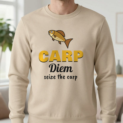 Carp Diem Funny Carp Fishing T-Shirt & Sweatshirt in Sand (Sweatshirt), worn, our photo