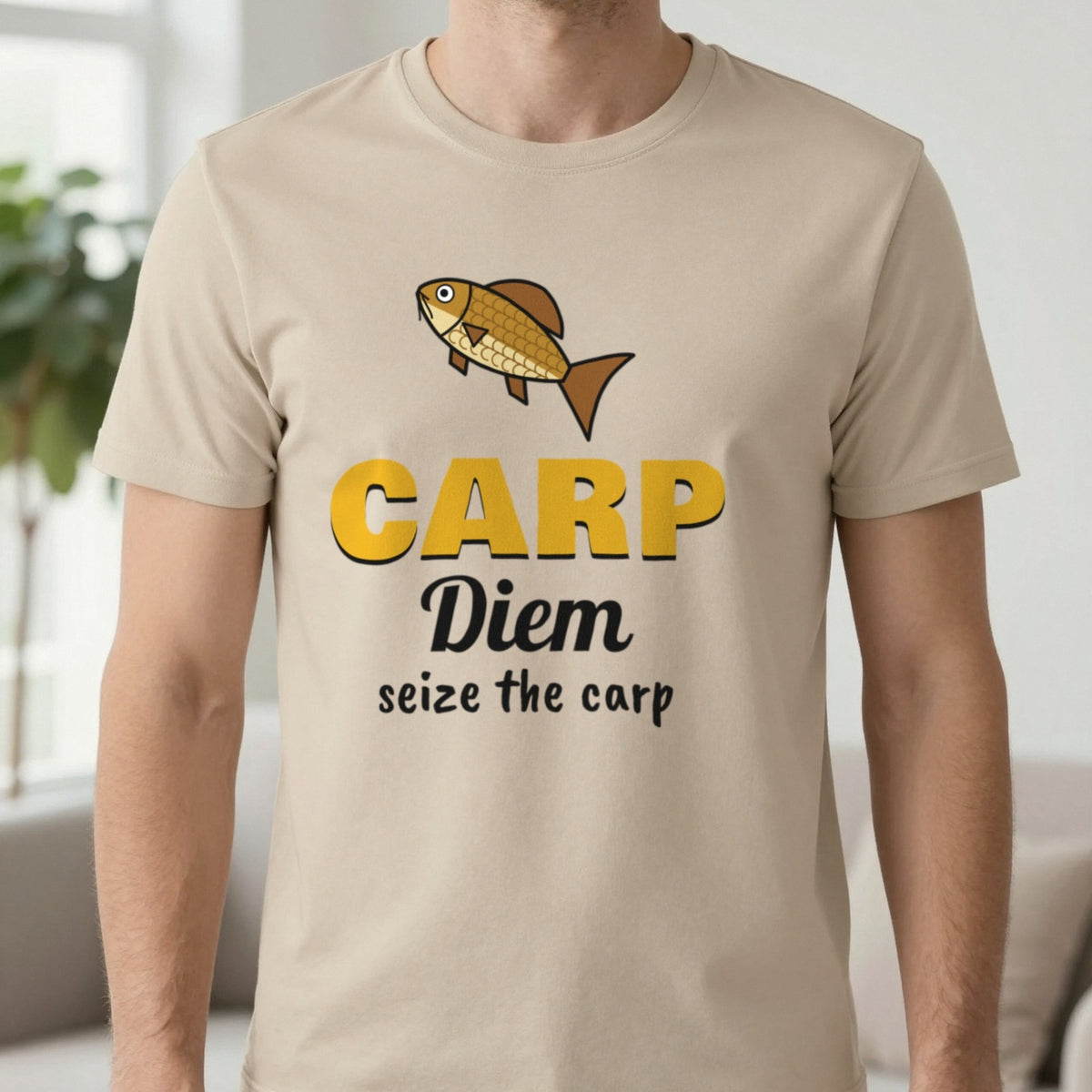 Carp Diem Funny Carp Fishing T-Shirt & Sweatshirt in Sand (T-Shirt), worn, our photo