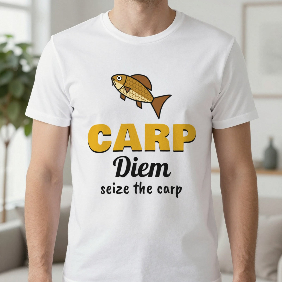 Carp Diem Funny Carp Fishing T-Shirt & Sweatshirt in White (T-Shirt), worn, our photo