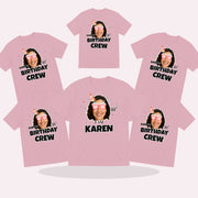 matching personalised birthday crew t-shirts with photo faces and party hats
