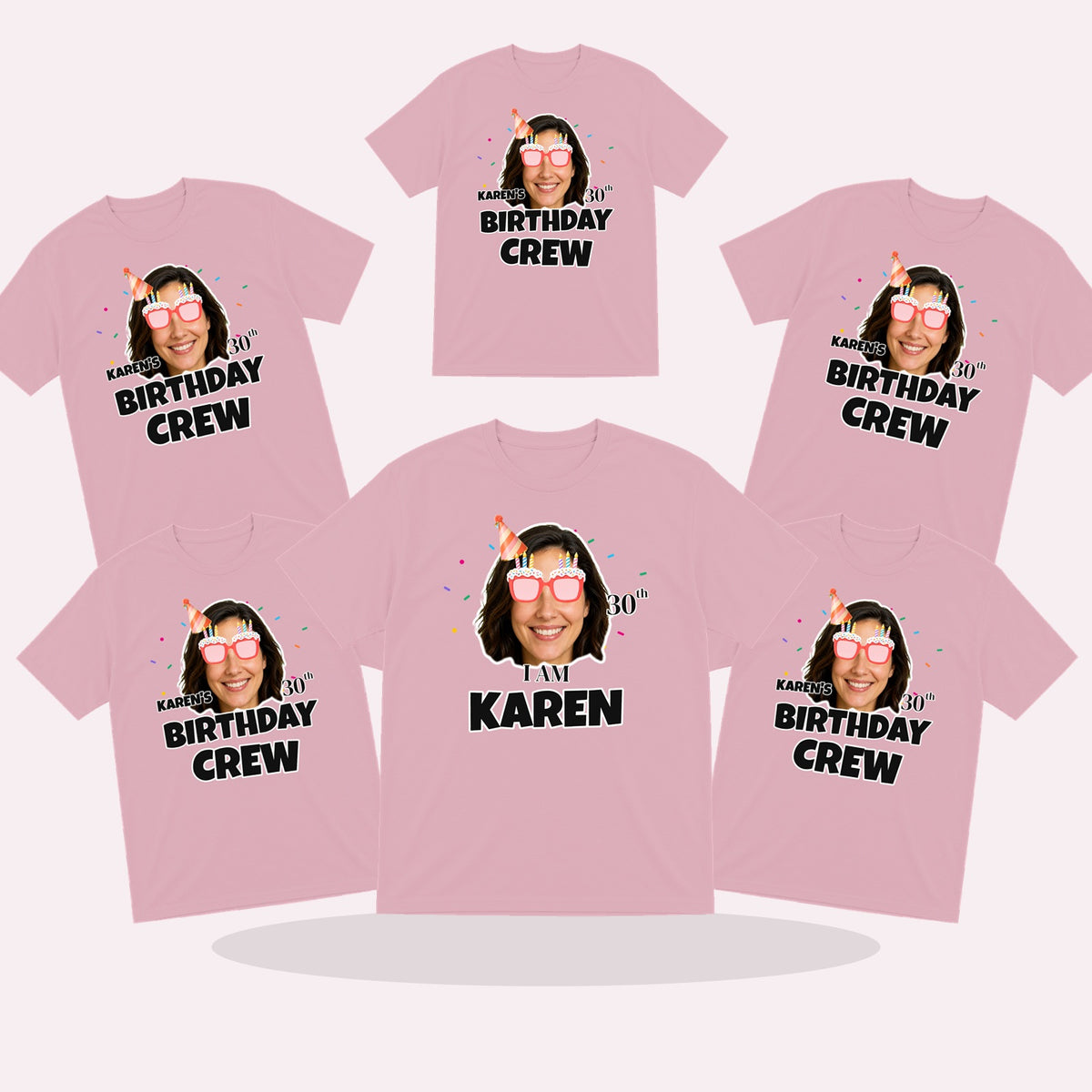 matching personalised birthday crew t-shirts with photo faces and party hats