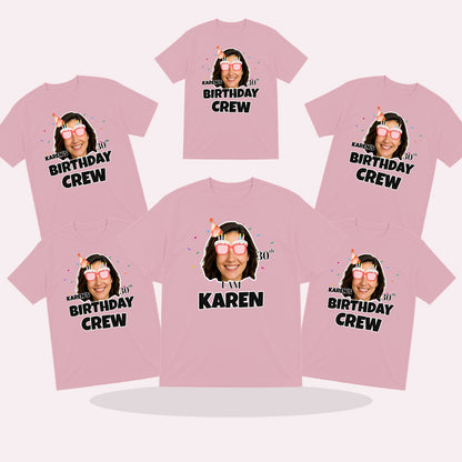 matching personalised birthday crew t-shirts with photo faces and party hats