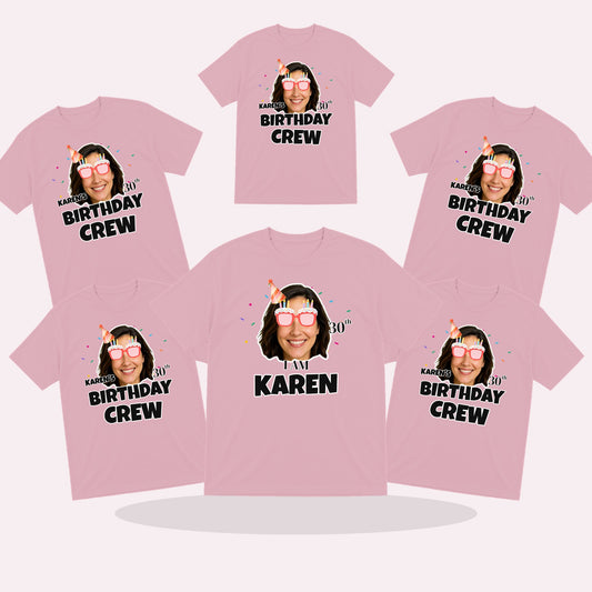 Matching personalised birthday crew T-shirts with the birthday person shirt in the centre