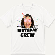 white t-shirt with personalised birthday crew photo design and party hat graphic