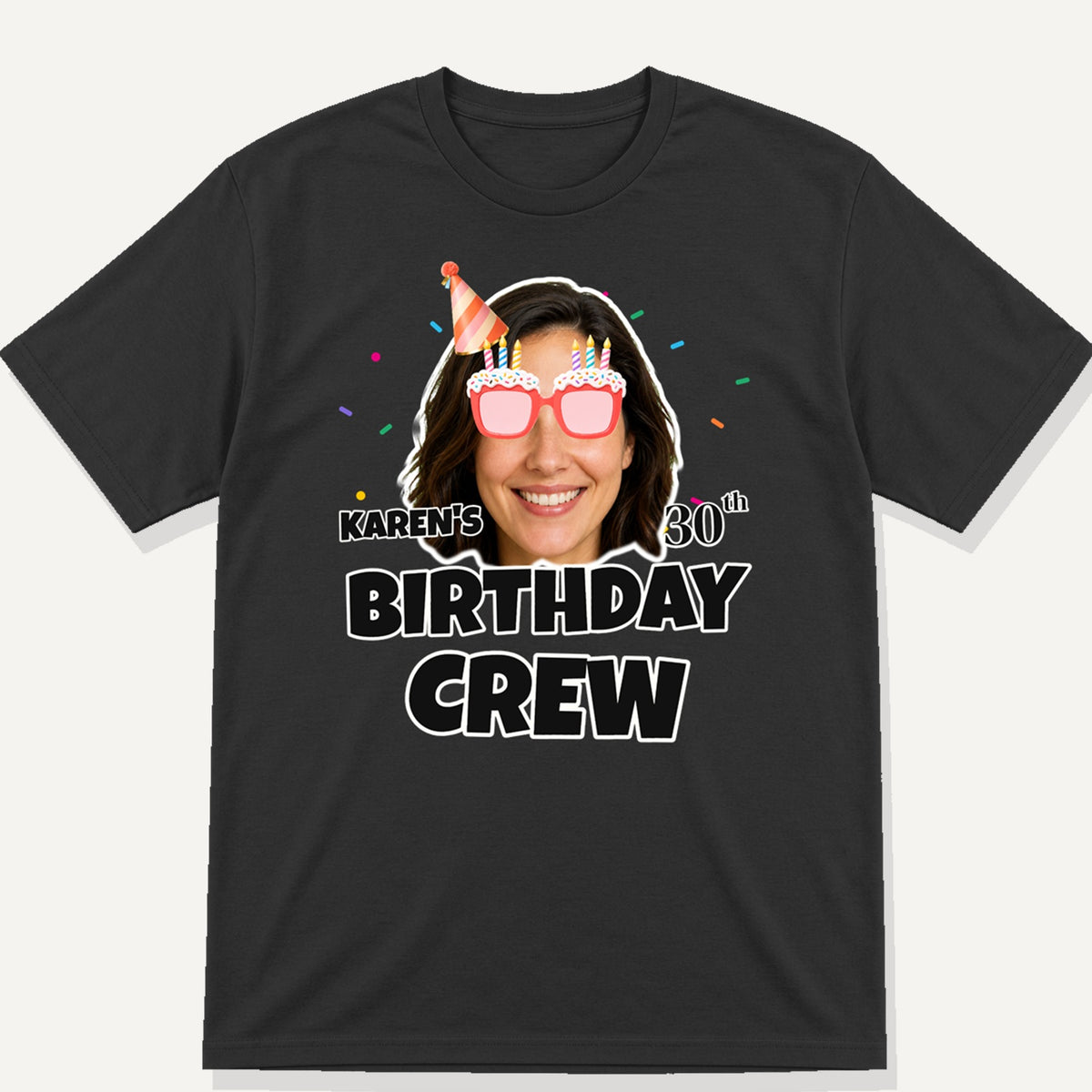 black t-shirt with personalised birthday crew photo design and cool shades