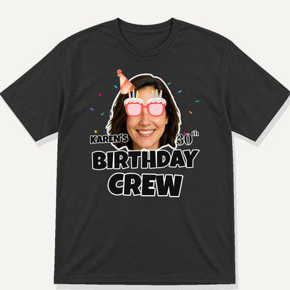 black t-shirt with personalised birthday crew photo design and cool shades