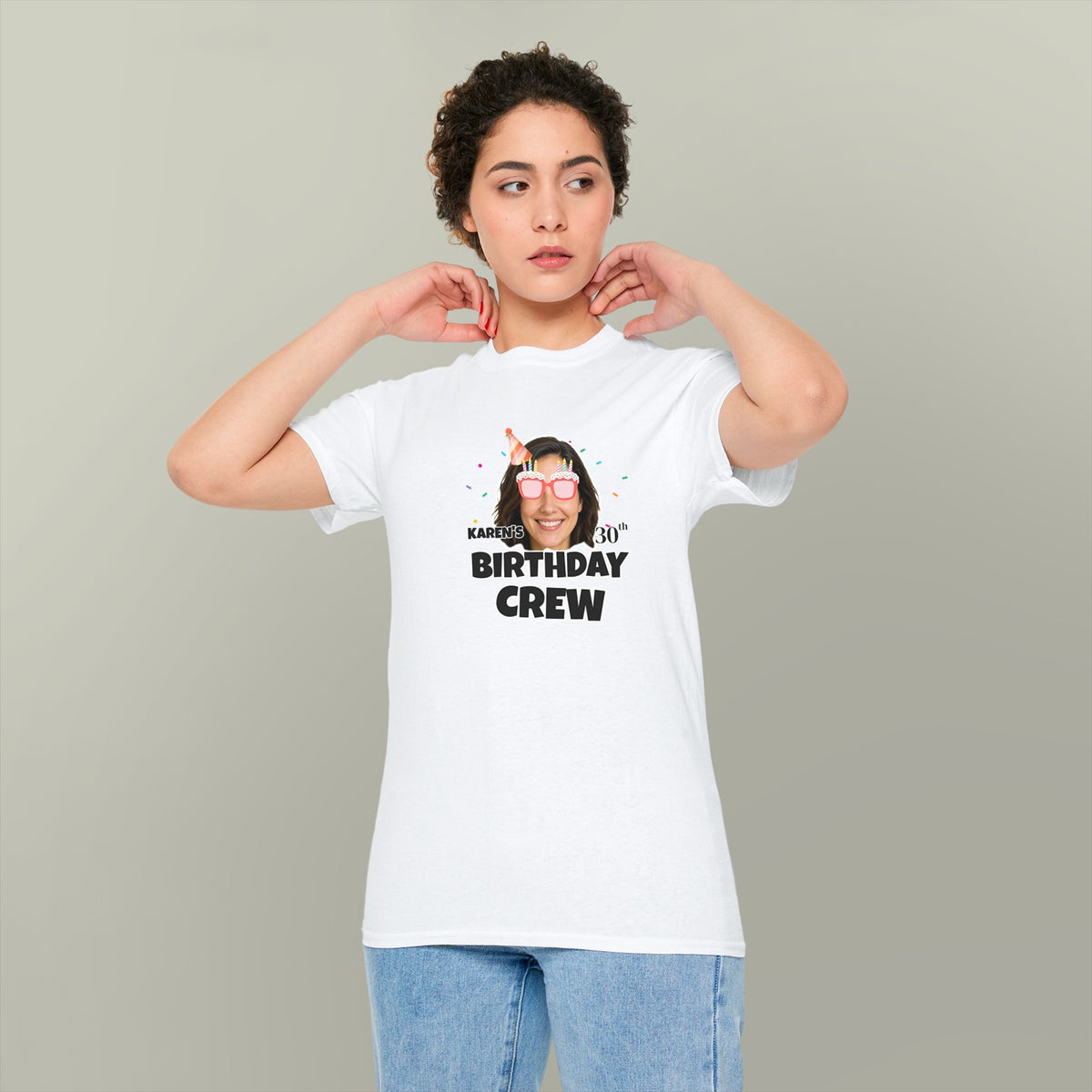 model wearing white t-shirt with personalised birthday crew photo design