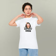 model wearing white t-shirt with personalised birthday crew photo design