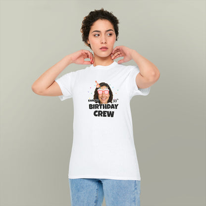 model wearing white t-shirt with personalised birthday crew photo design