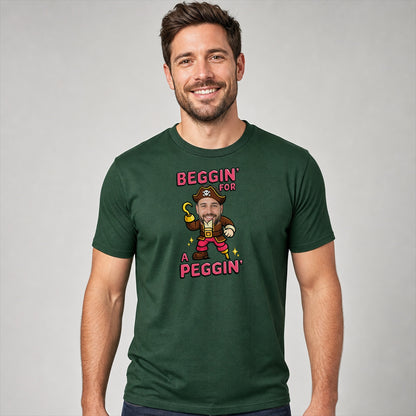 Model wearing a forest green Gildan 64000 Beggin' For A Peggin' personalised pirate T-shirt
