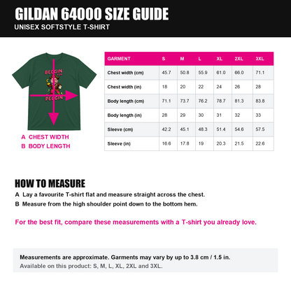 Gildan 64000 unisex T-shirt size guide S to 3XL in centimetres and inches