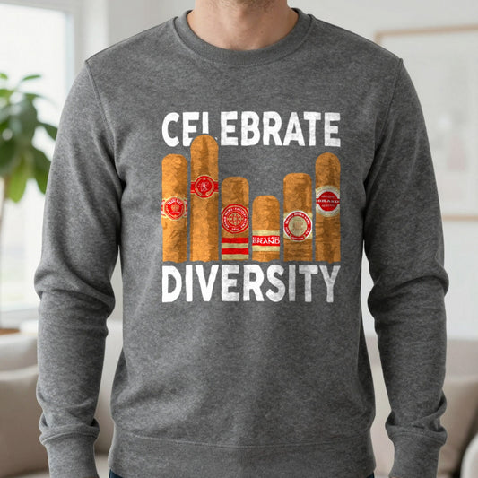 Celebrate Diversity Cigar Lover Sweatshirt in Dark Heather, worn, our photo