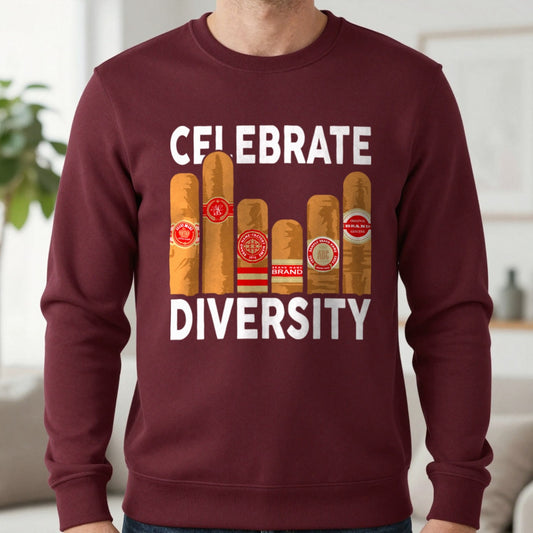 Celebrate Diversity Cigar Lover Sweatshirt in Maroon, worn, our photo