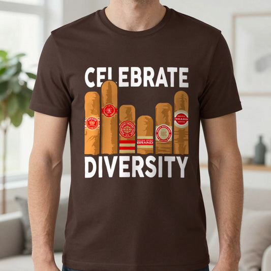 Celebrate Diversity Cigar Lover T-Shirt in Dark Chocolate, worn, our photo