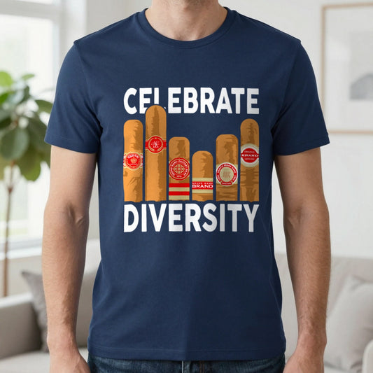 Celebrate Diversity Cigar Lover T-Shirt in Navy, worn, our photo