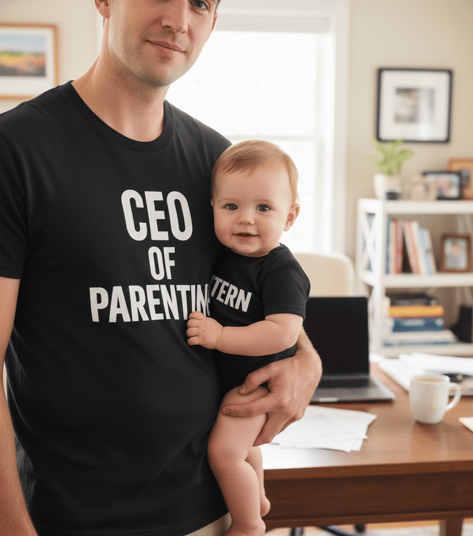 second colour option for CEO of Parenting and Intern matching t-shirt and baby grow gift set