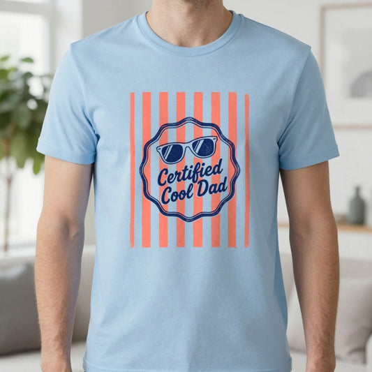Certified Cool Dad Retro Father's Day T-Shirt in Light Blue, worn, our photo