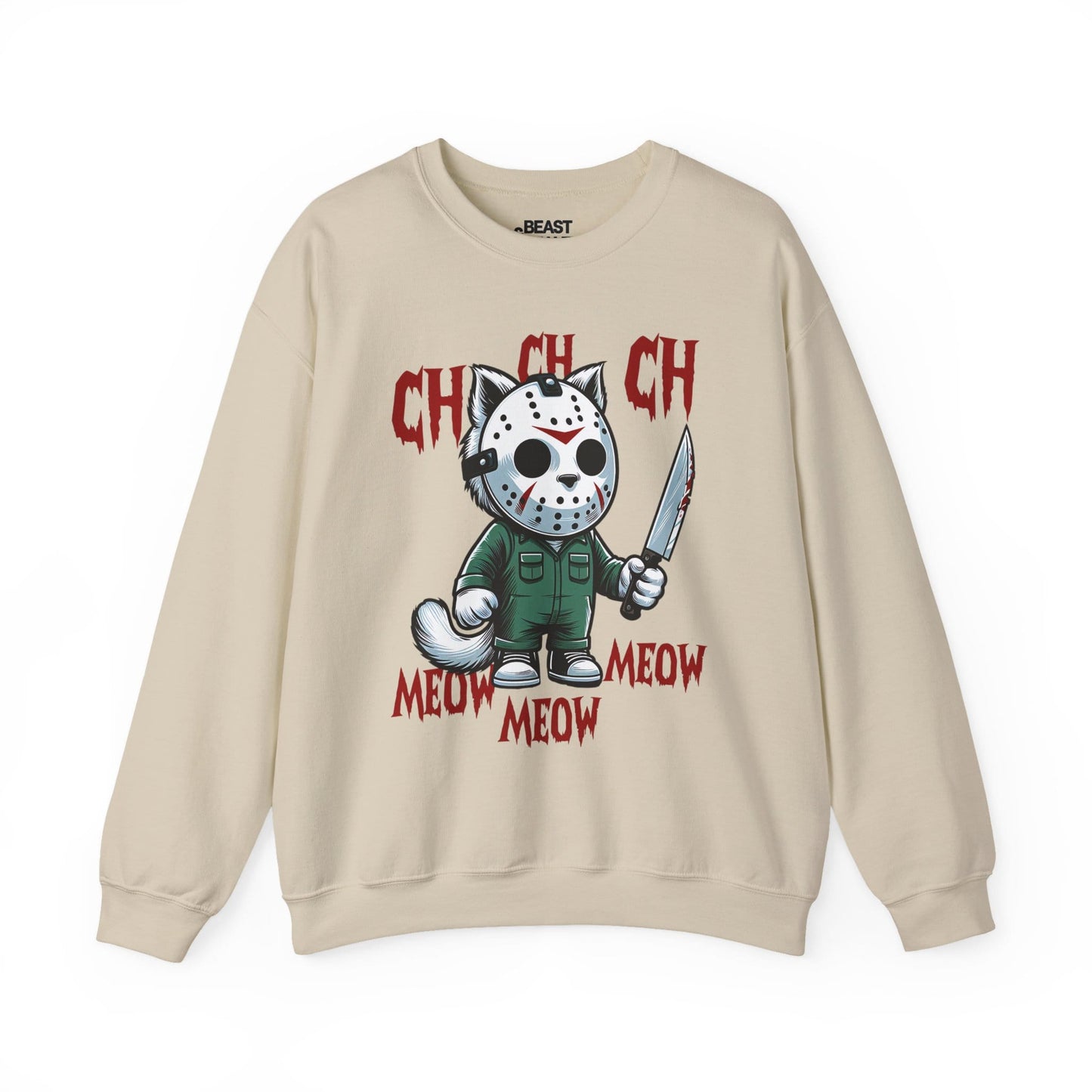 sand sweatshirt with ch ch ch meow meow creepy cute masked cat halloween print