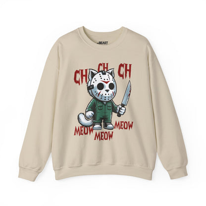 sand sweatshirt with ch ch ch meow meow creepy cute masked cat halloween print
