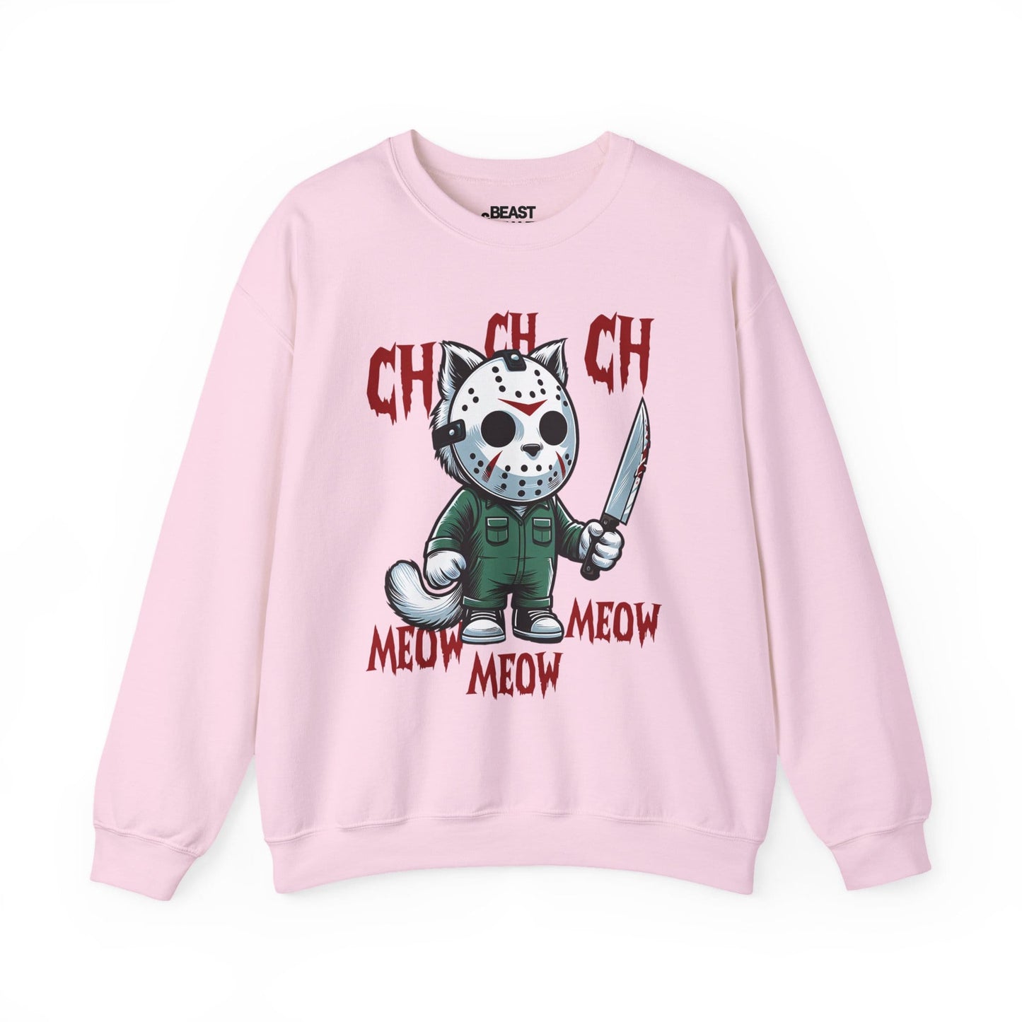 light pink sweatshirt with ch ch ch meow meow halloween cat design for spooky season