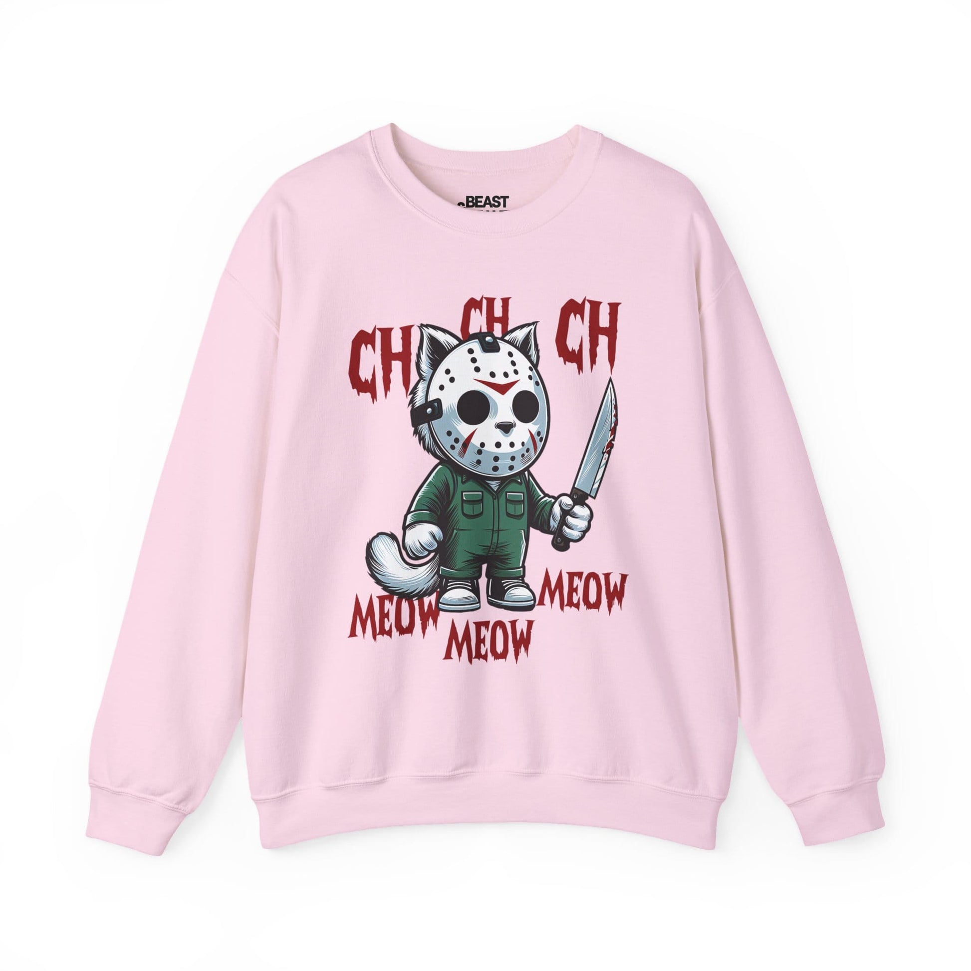 light pink sweatshirt with ch ch ch meow meow halloween cat design for spooky season