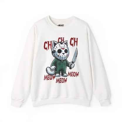 white sweatshirt with ch ch ch meow meow funny halloween cat graphic
