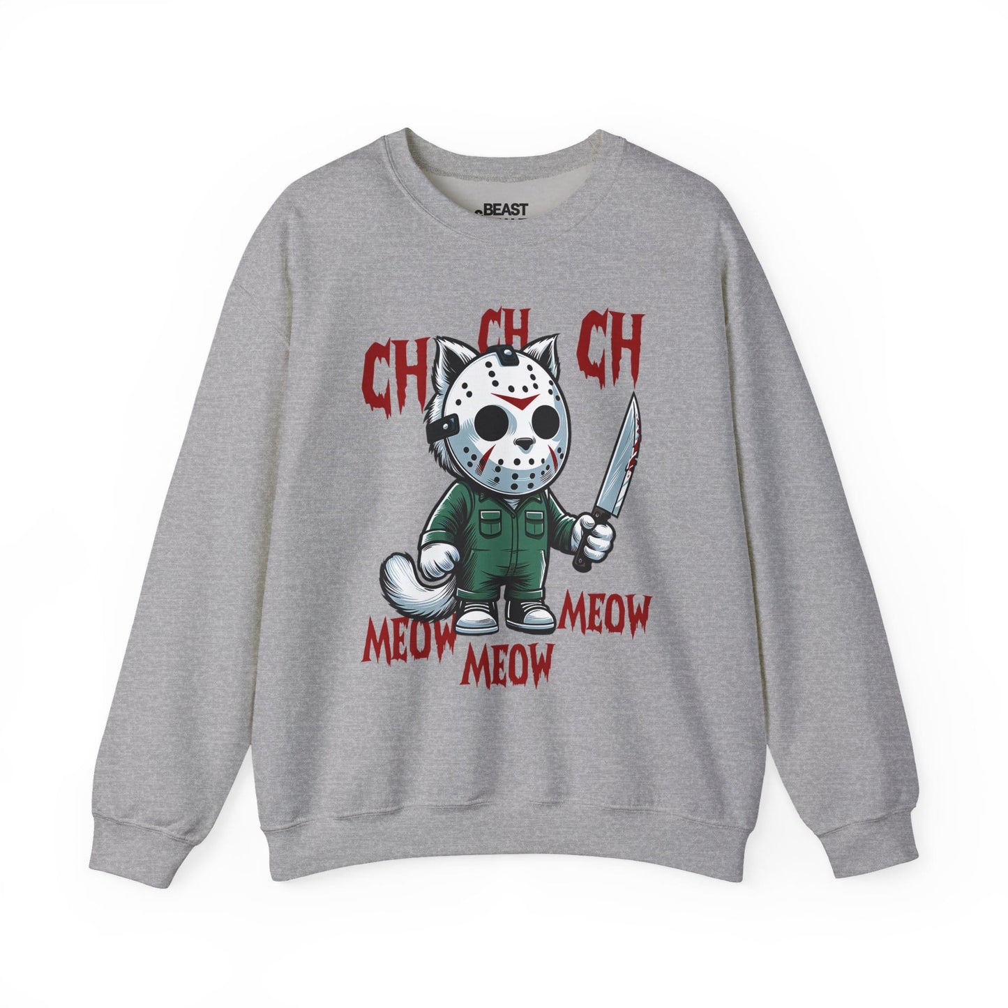 sport grey sweatshirt with ch ch ch meow meow masked cat halloween parody design