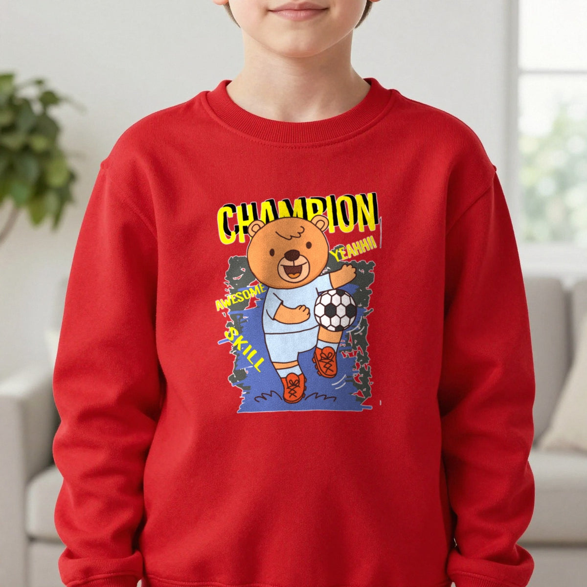 Kids Champion Football Bear T-Shirt & Sweatshirt in Red, worn, our photo