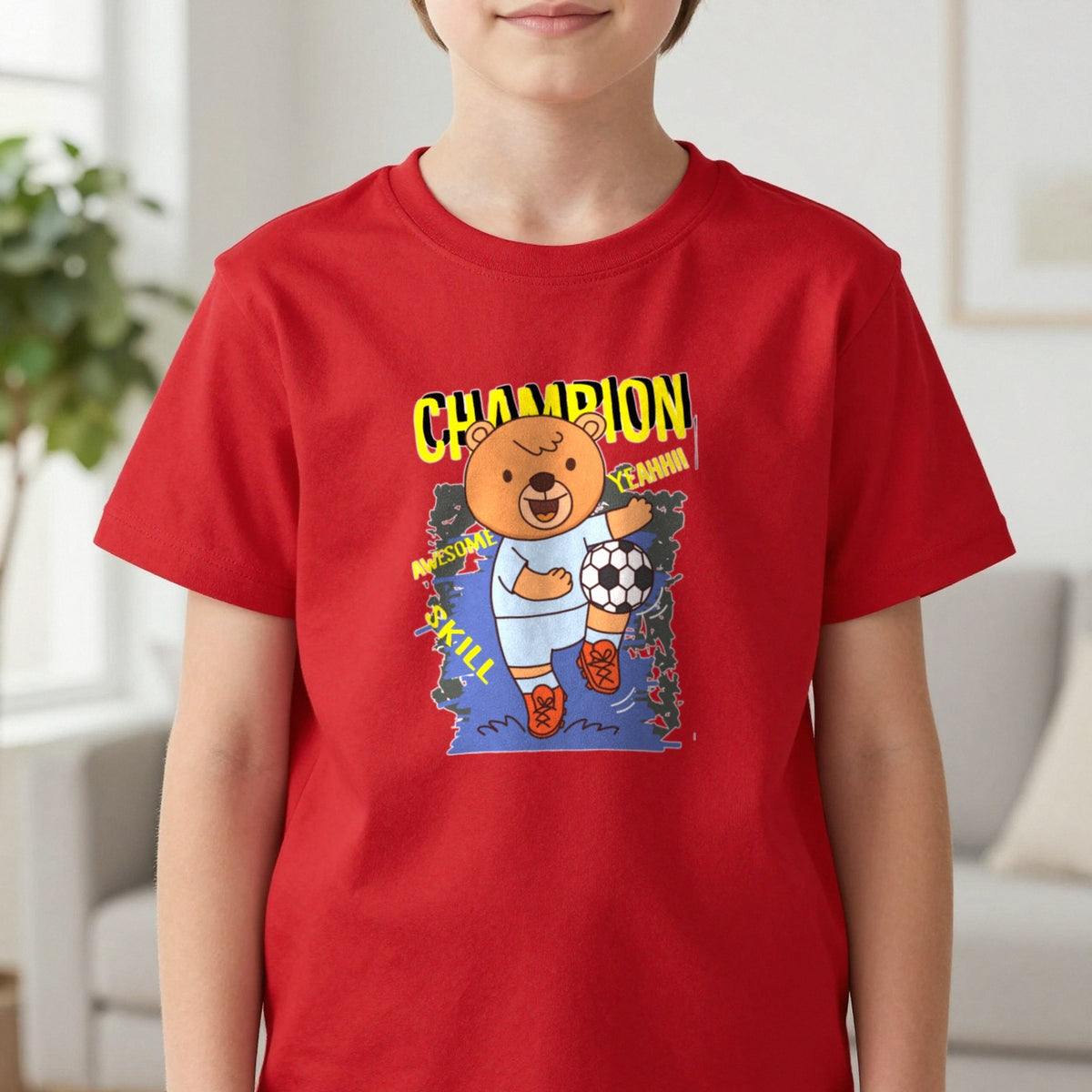 Kids Champion Football Bear T-Shirt & Sweatshirt in Red, worn, our photo
