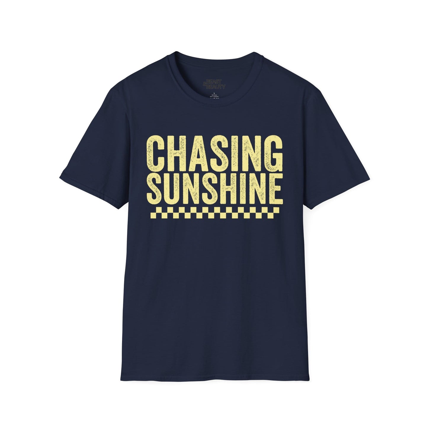 navy womens t-shirt with chasing sunshine travel and summer design