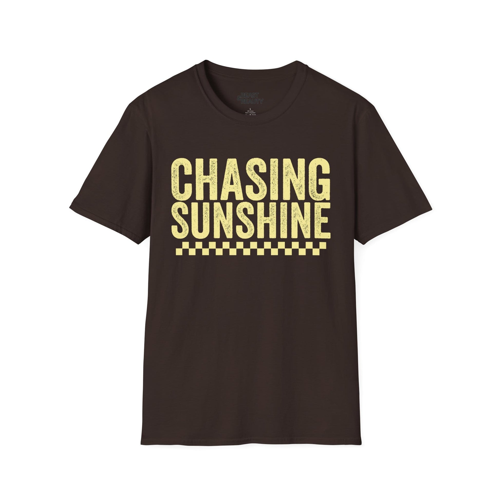 dark chocolate womens t-shirt with chasing sunshine summer slogan