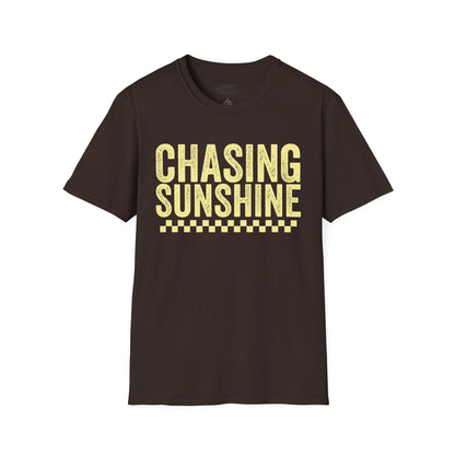 dark chocolate womens t-shirt with chasing sunshine summer slogan
