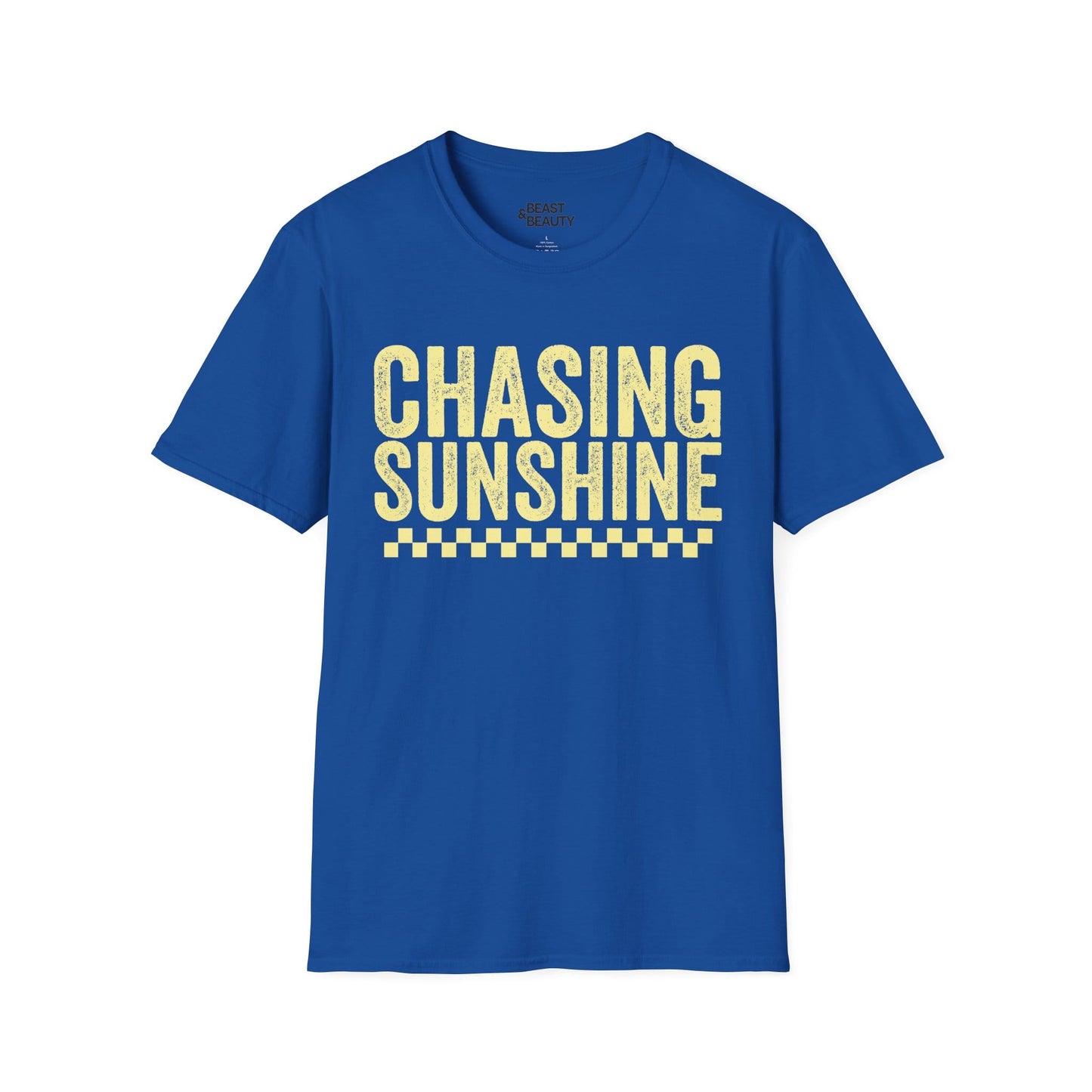 royal blue womens t-shirt with chasing sunshine graphic tee design