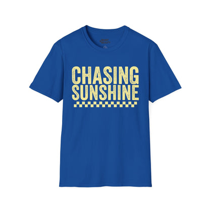 royal blue womens t-shirt with chasing sunshine graphic tee design