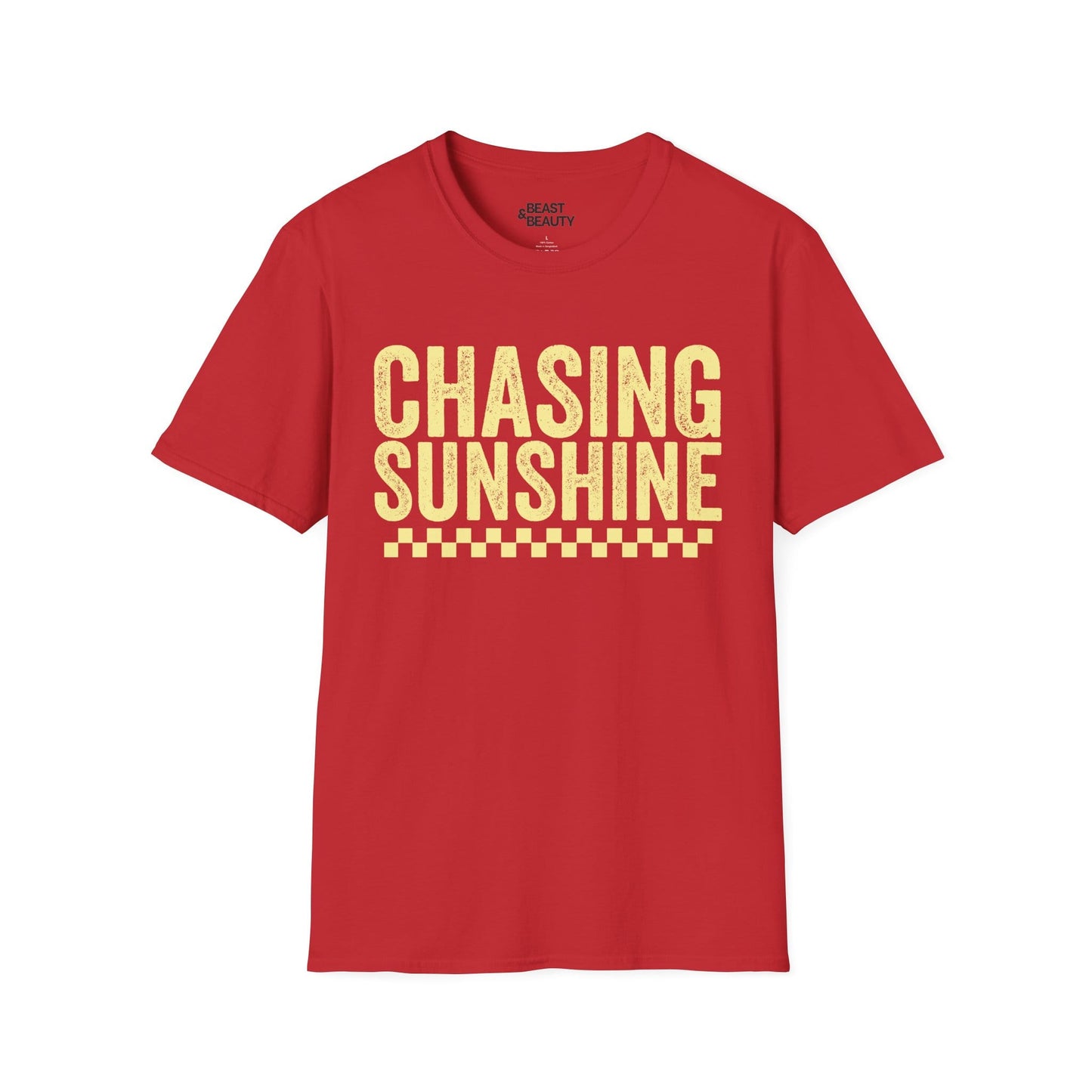 red womens t-shirt with chasing sunshine bold graphic design