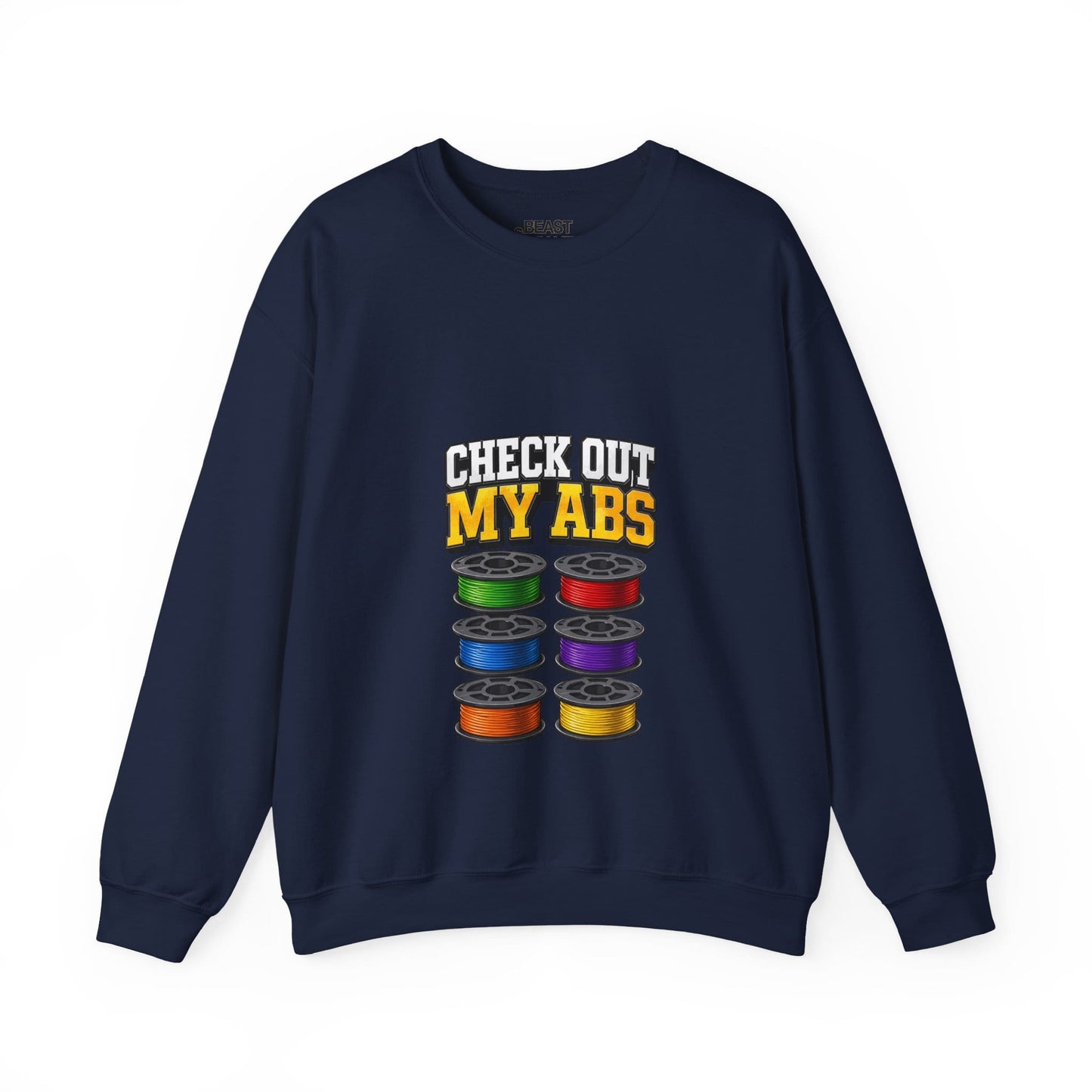 white sweatshirt with check out my abs 3d printing filament pun design