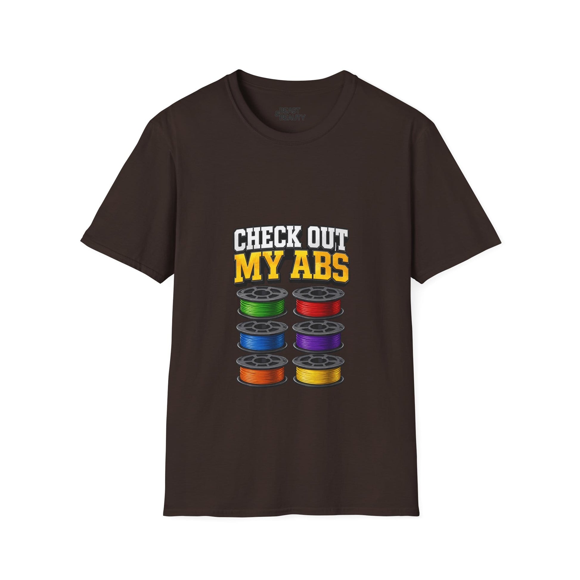 dark chocolate t-shirt with Check Out My ABS funny 3D printing slogan