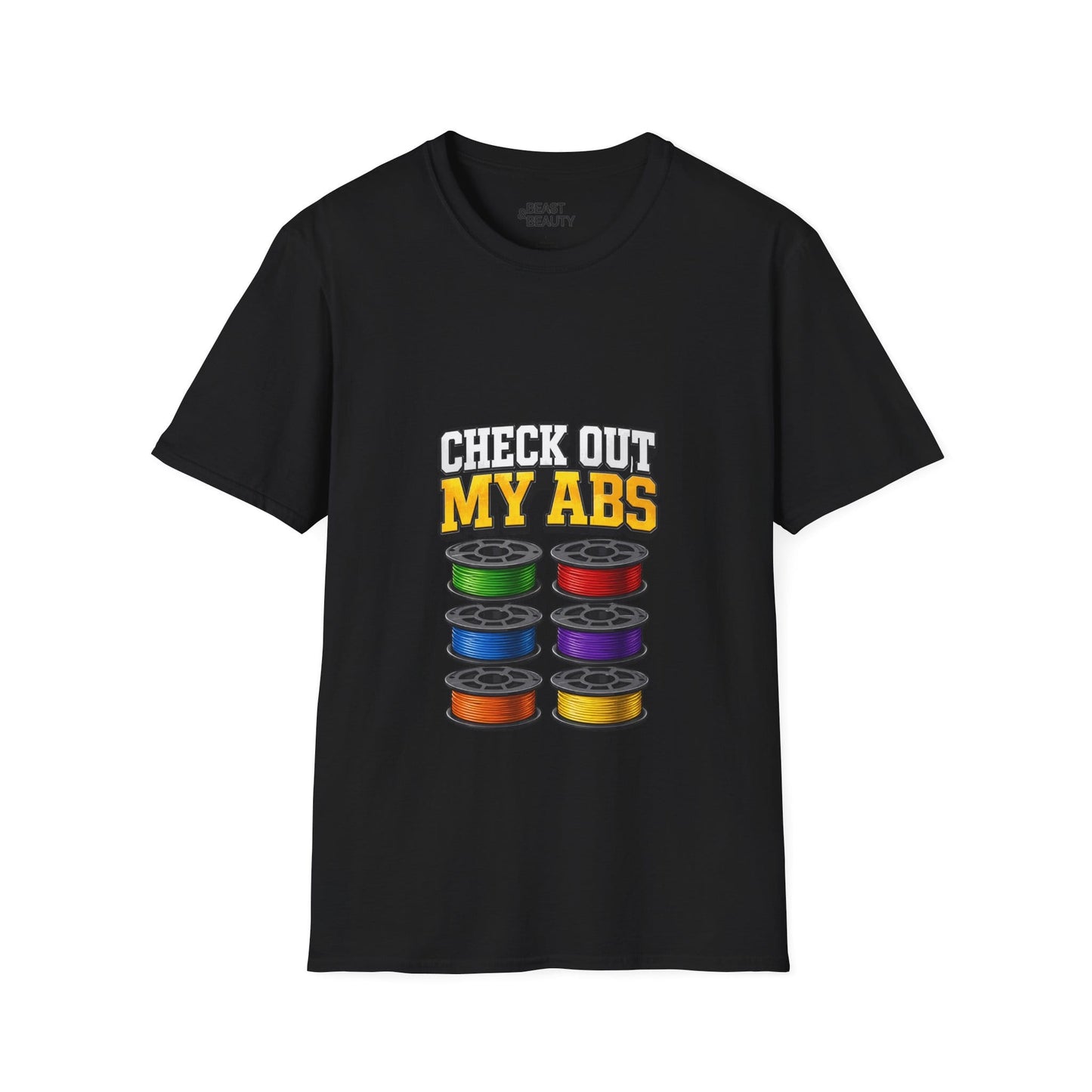 black t-shirt with Check Out My ABS filament pun graphic for makers and engineers