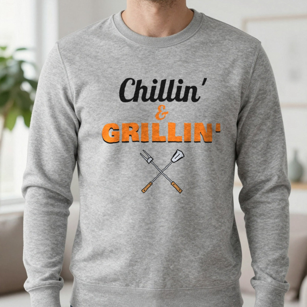 Chillin' And Grillin' Funny BBQ T-Shirt & Sweatshirt in Sport Grey (Sweatshirt), worn, our photo