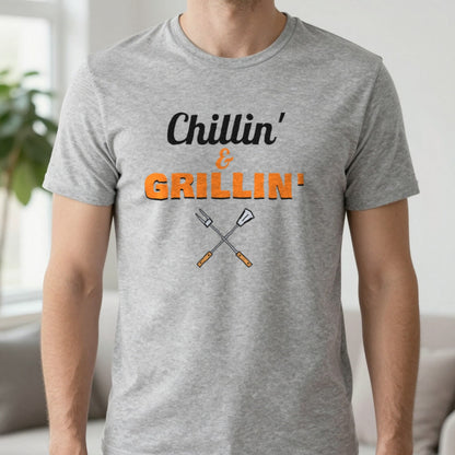 Chillin' And Grillin' Funny BBQ T-Shirt & Sweatshirt in Sport Grey (T-Shirt), worn, our photo
