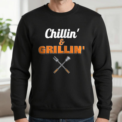 Chillin' And Grillin' Funny BBQ T-Shirt & Sweatshirt in Black (Sweatshirt), worn, our photo
